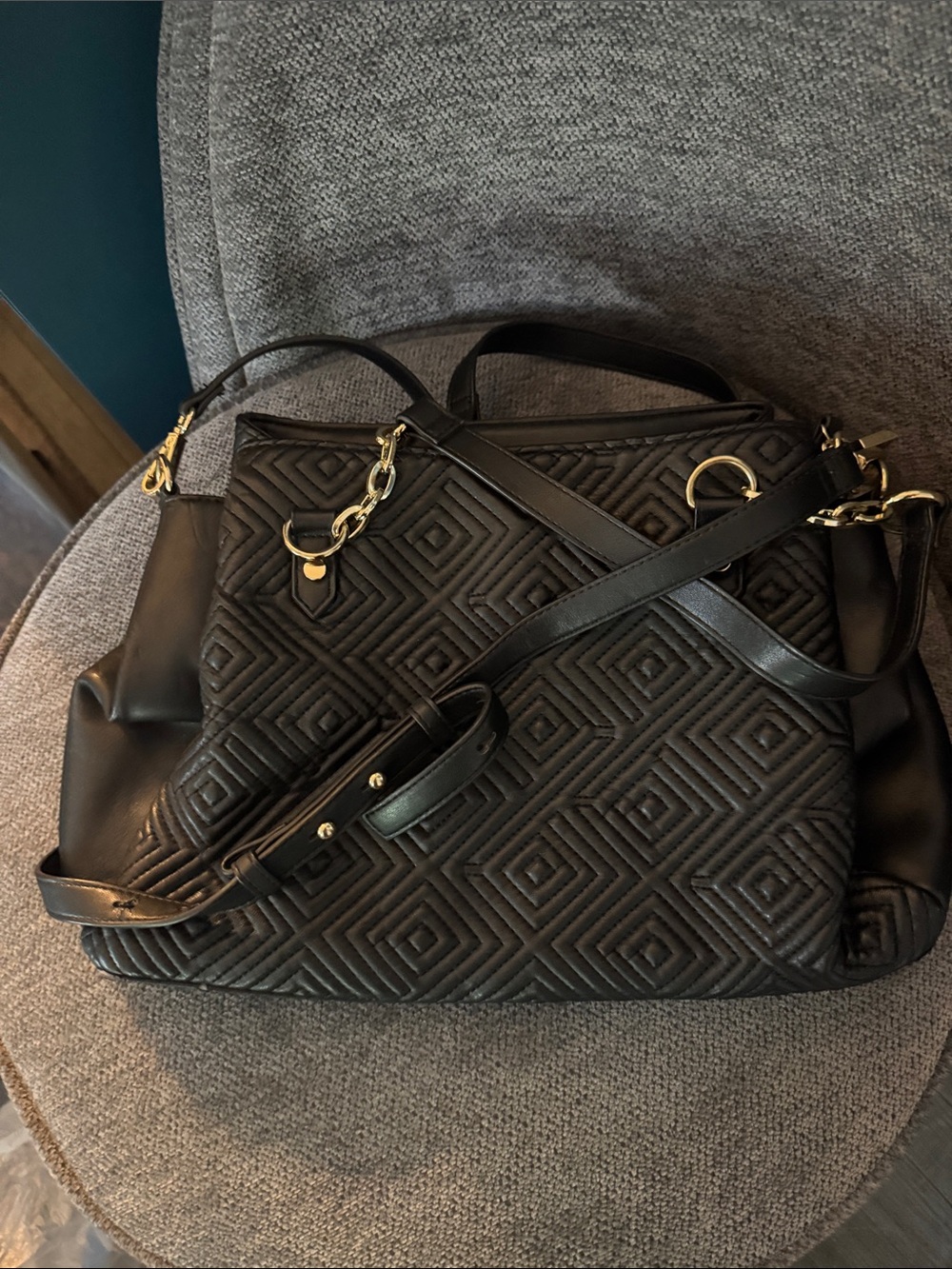 INC International Concepts Black Quilted Shoulder Bag with Gold Hardware